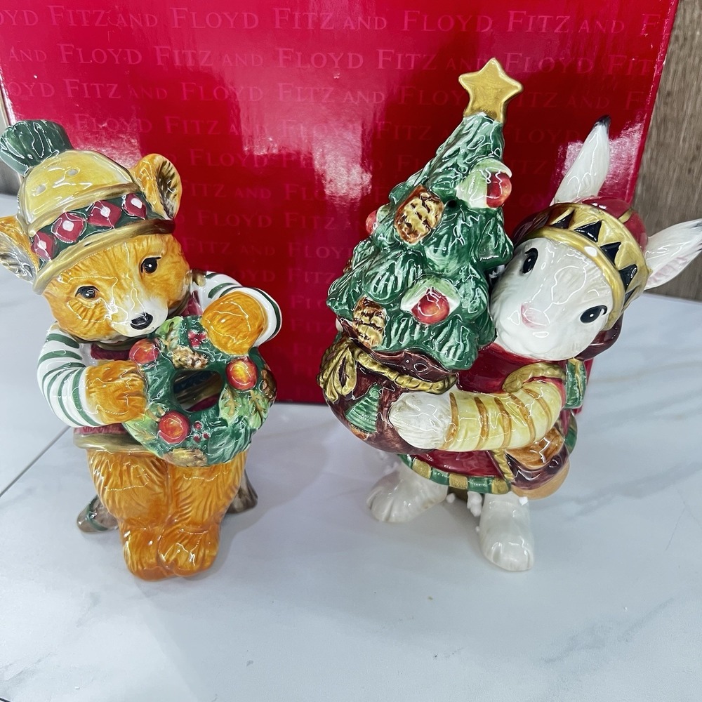 Vtg Fitz & Floyd Salt Pepper Shaker Christmas Lodge Bear Bunny Large 2001 W/ Box - Picture 3 of 10